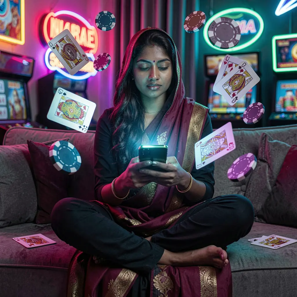 Focused Bangladeshi woman checking casino games on the HHDD mobile app with glowing cards and chips creating a dynamic gaming mood