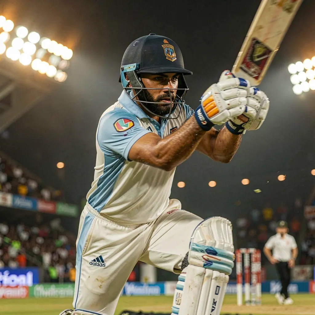 Dynamic cricket action shot with a player striking the ball under bright stadium lights reflecting the excitement of HHDD sports betting in Bangladesh
