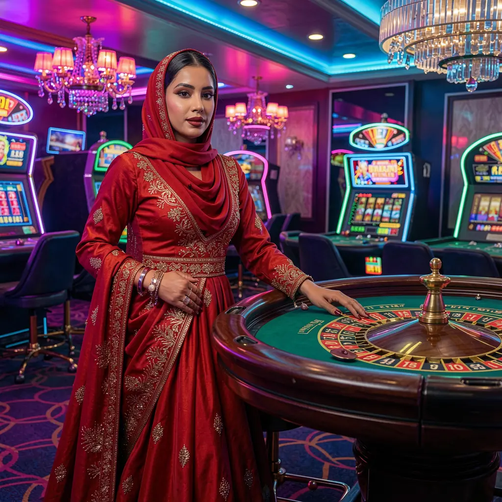 Confident woman in a luxurious casino setting with a roulette table and vibrant lights representing the high stakes and thrilling gaming environment of HHDD Casino in Bangladesh