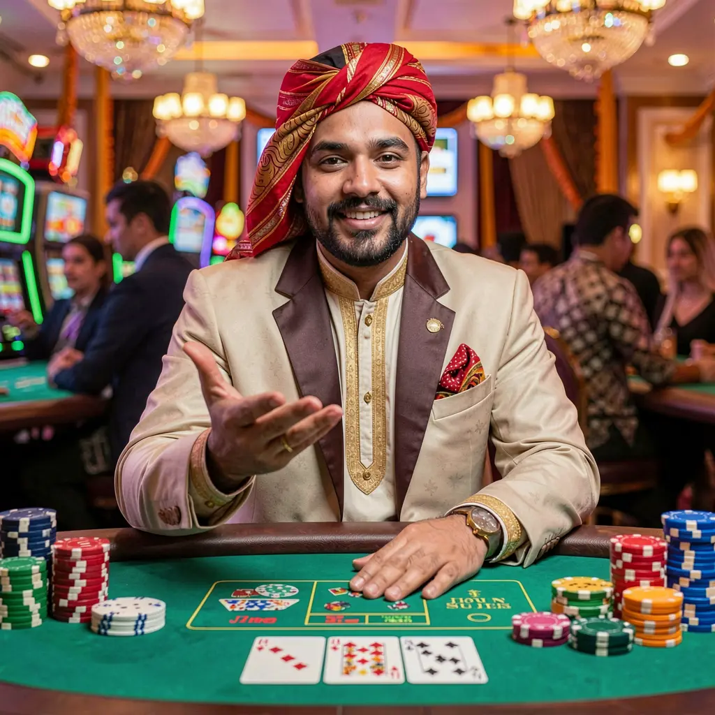Professional Bangladeshi casino dealer at a gaming table with cards and chips inviting players to join the HHDD platform