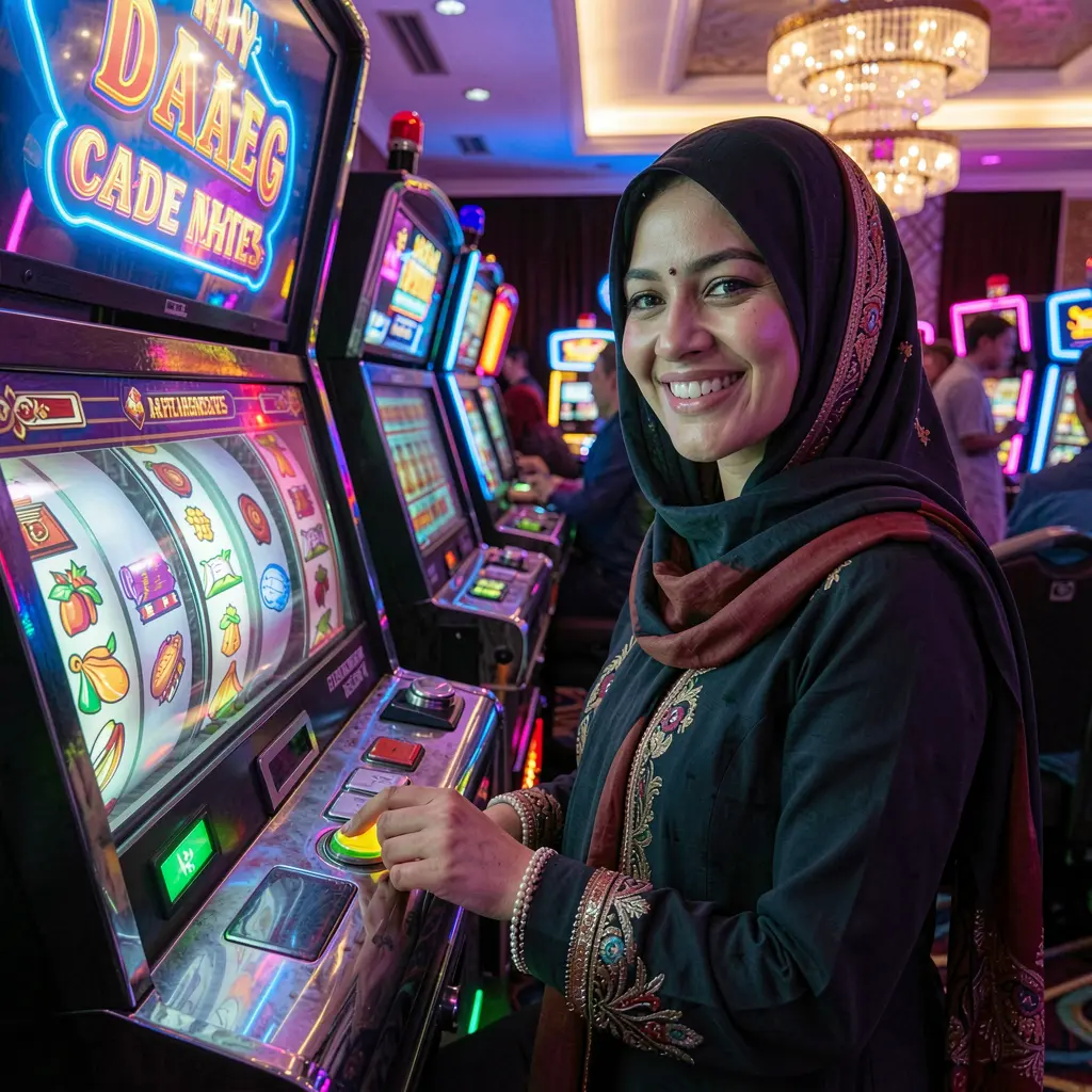Confident Bangladeshi woman seated at a modern slot machine with bright reels and neon casino lights showcasing the premium HHDD gaming environment